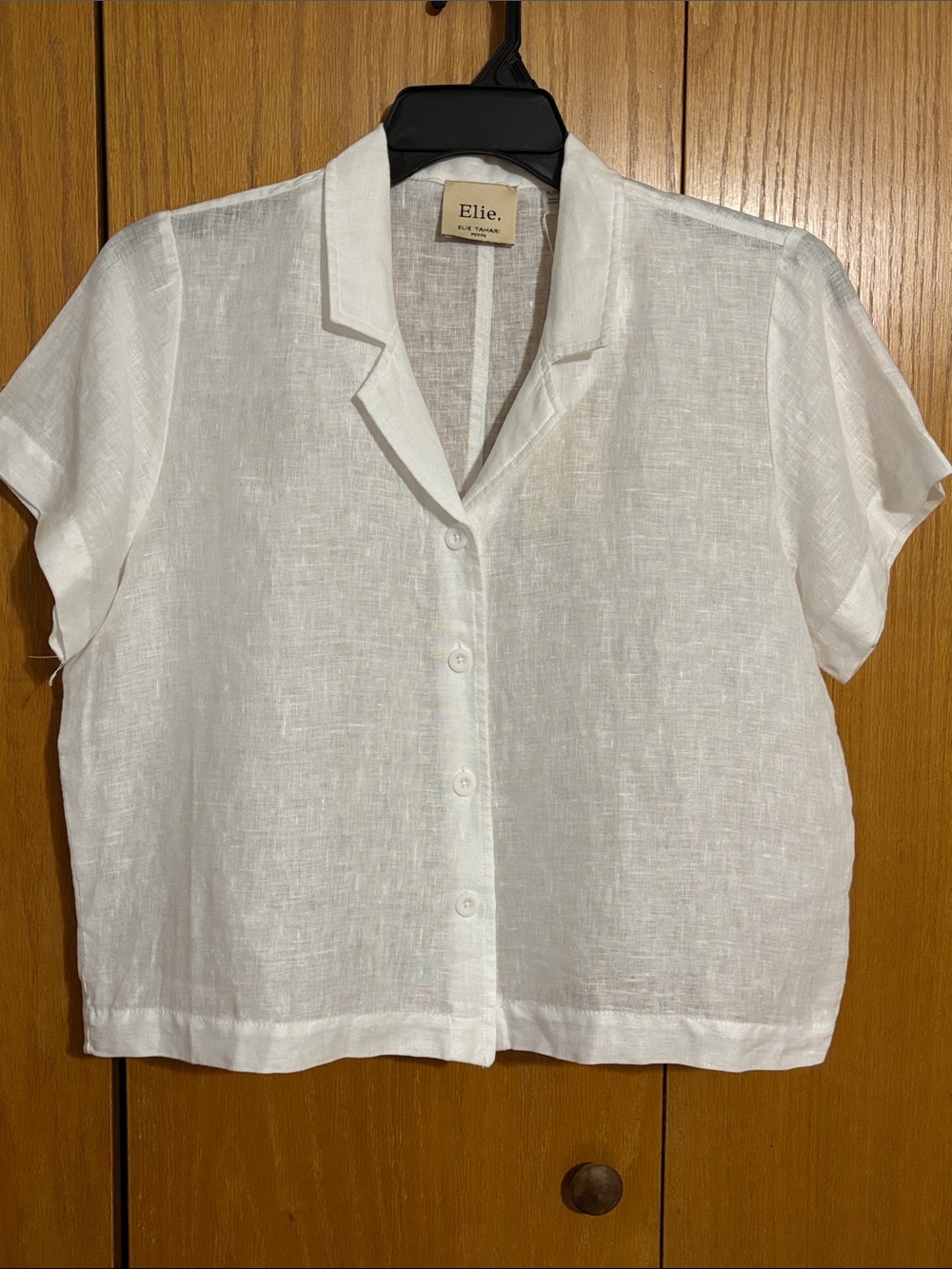 Elie Tahari White Short-Sleeve Linen Button-Down Shirt 100% Linen